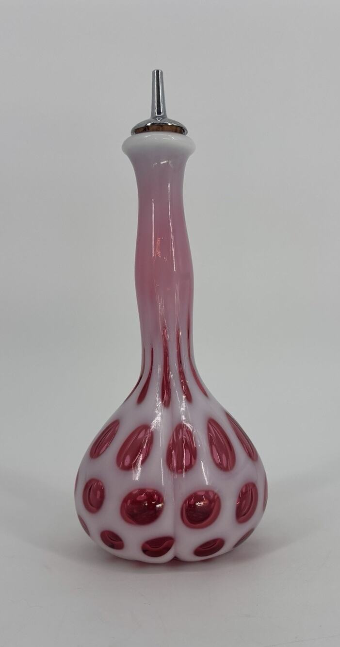 Vtg Fenton Art Glass Coin Dot Cranberry Opalescent Barber Bottle W/ Stopper